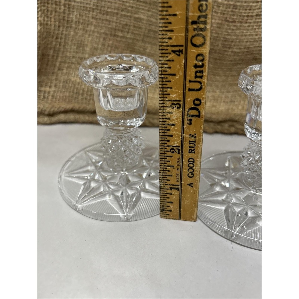 Set of 2 Clear Crystal Glass Candle Holders Eight Point Star And Diamond‎ Design - Picture 8 of 9